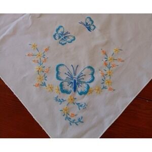 Large Vintage 70s Tablecloth Blue Embroidered Butterflies Yellow Flowers 84"